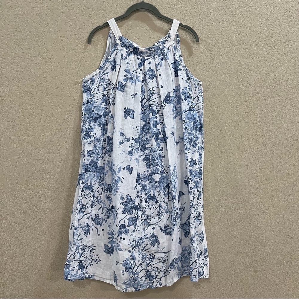 Bellambra Womens Dress 100% Linen Blue Floral Butterfly Halter Tie Sz M Coastal